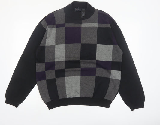 Axcess Men Black Grey Check Acrylic Cotton Crew Neck Jumper L