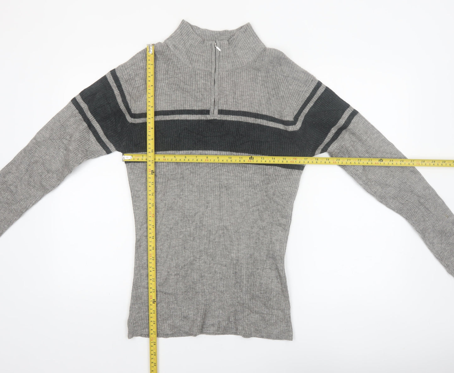 PLUS SUNNY Men's Grey XL Half Zip Ribbed Knit Jumper