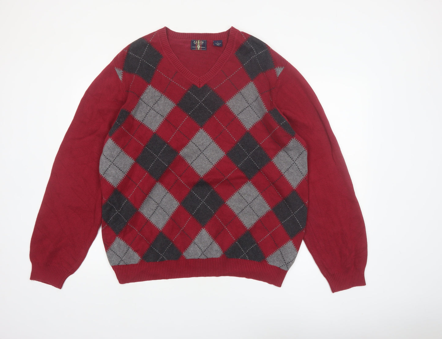 Arrow Men's Red Argyle V-Neck Cotton Knit Jumper Size L