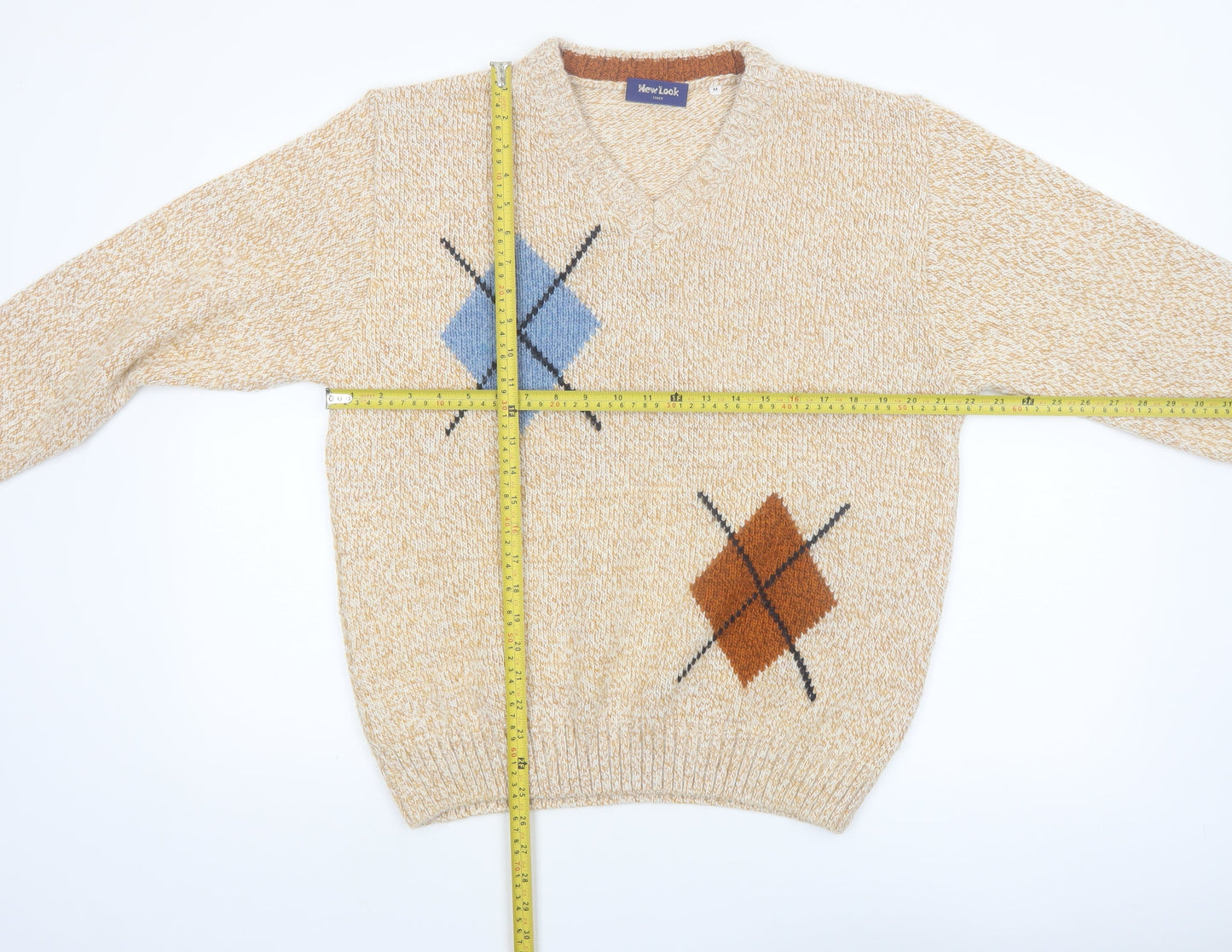 New Look Italy Men's Beige Argyle Wool Blend V-Neck Jumper M