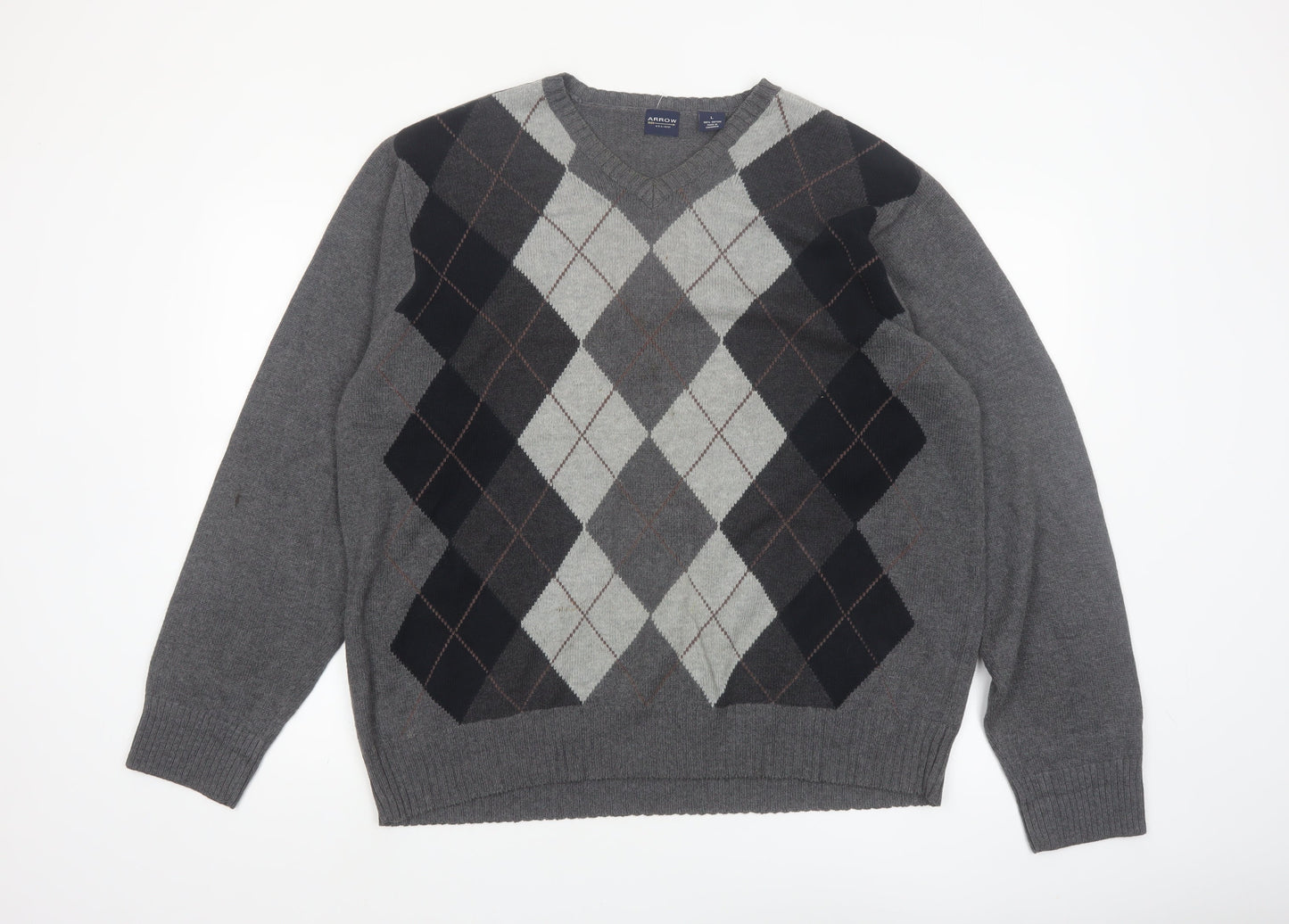 Arrow Men's Grey Argyle V-Neck Cotton Jumper Size L