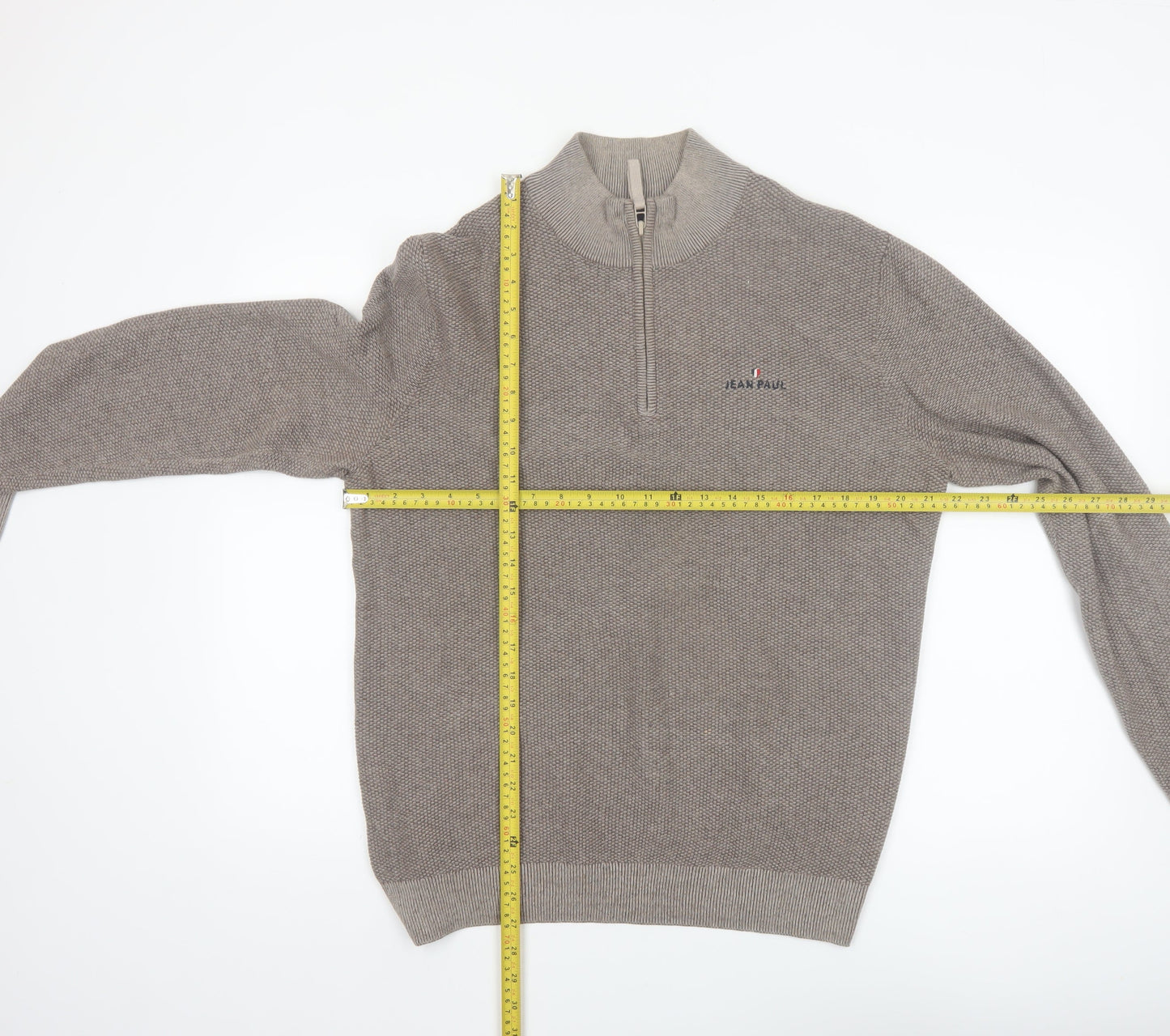 Jean Paul Men Beige L 1/2 Zip Cotton Knit Jumper