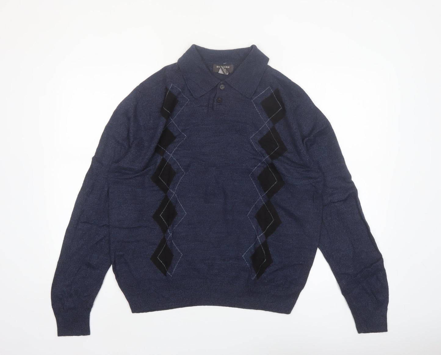 Dockers Men's Blue Argyle Collared Henley Jumper Size M