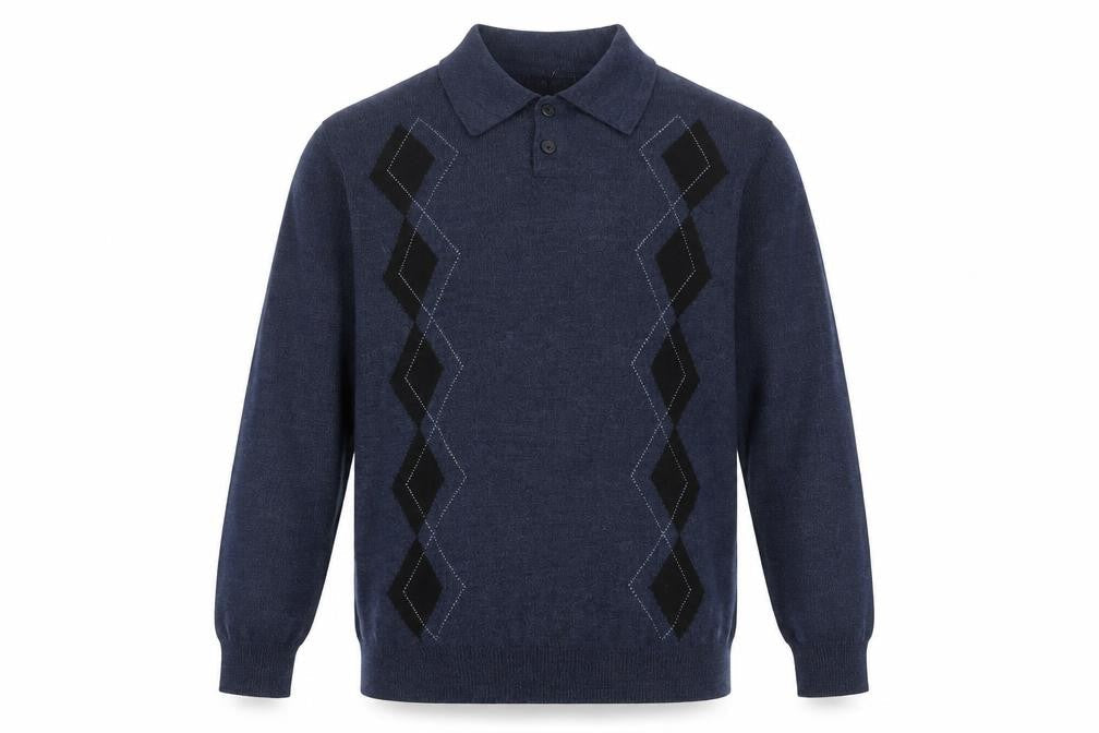 Dockers Men's Blue Argyle Collared Henley Jumper Size M