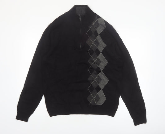 Tricots St Raphael Men’s Black Argyle 1/2 Zip High Neck Jumper Size L