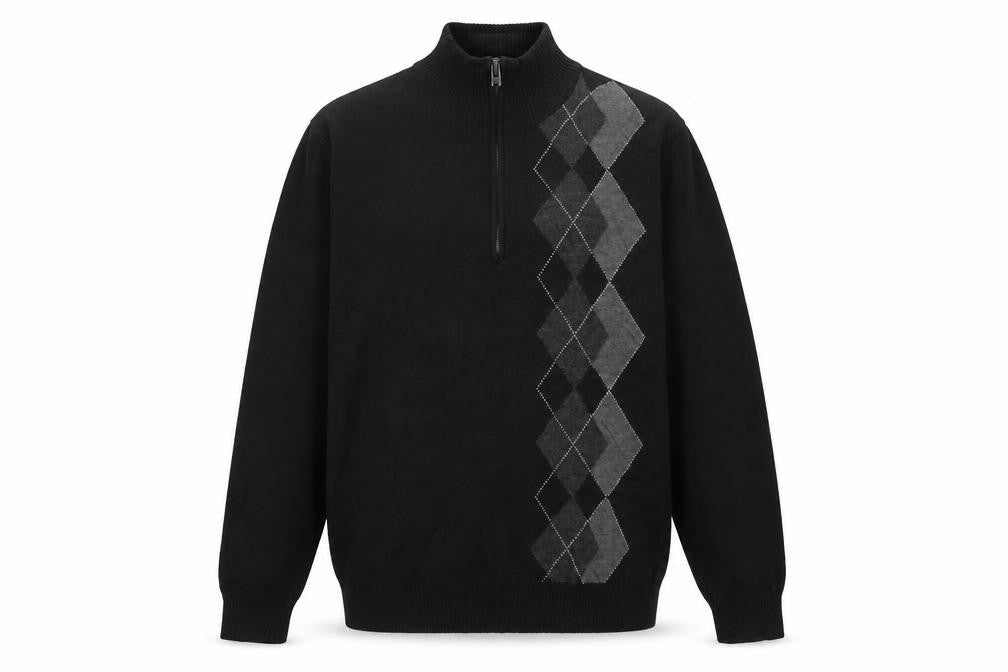 Tricots St Raphael Men’s Black Argyle 1/2 Zip High Neck Jumper Size L