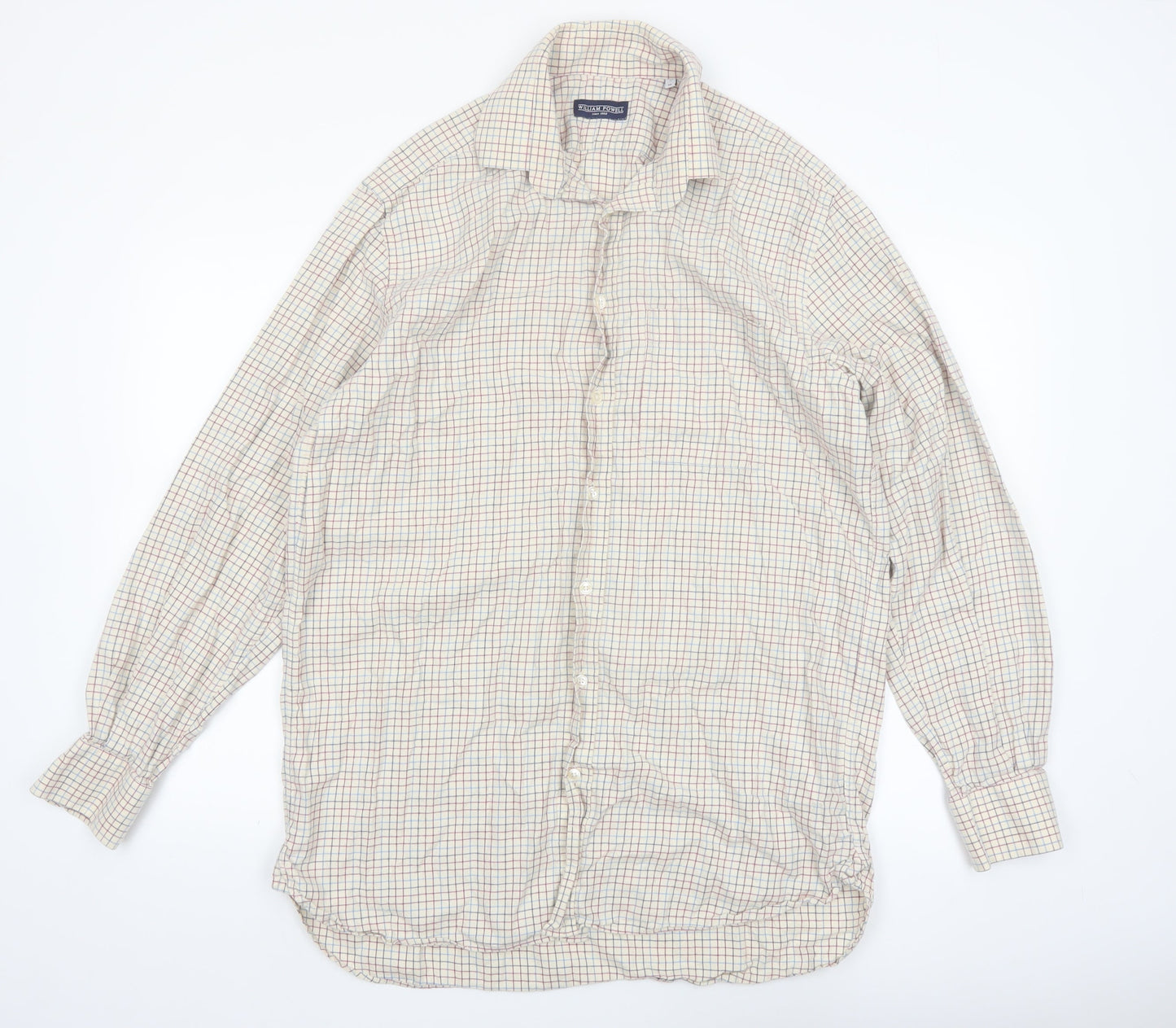 William Powell Men's Beige Check Cotton Long Sleeve Button-Up Shirt Size 16