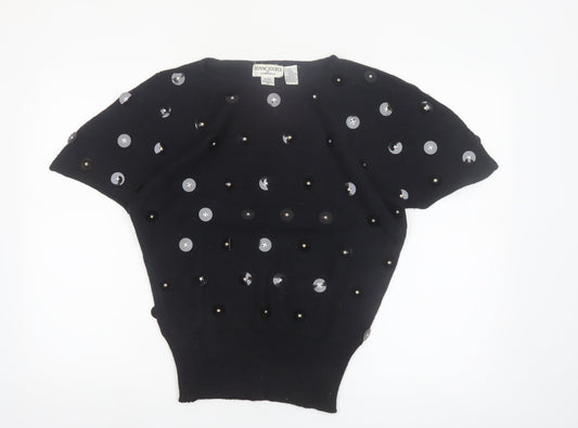 Bonnie Boerer Women Black S Short Sleeve Sequin Silk Angora Jumper