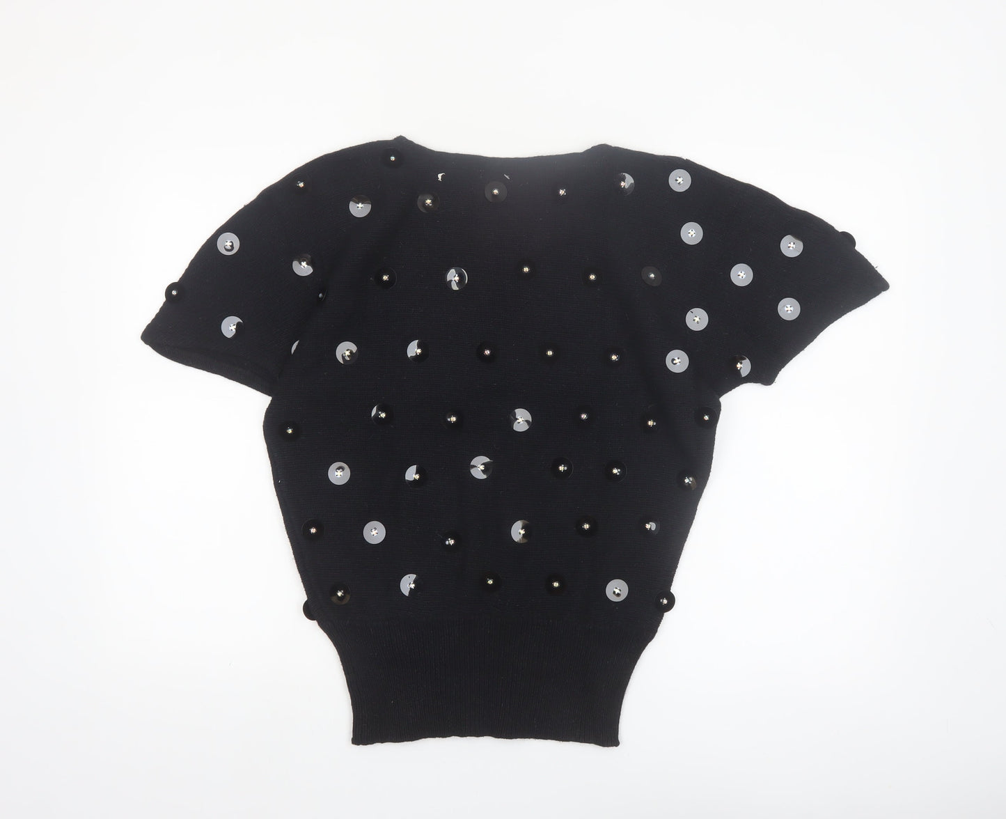 Bonnie Boerer Women Black S Short Sleeve Sequin Silk Angora Jumper
