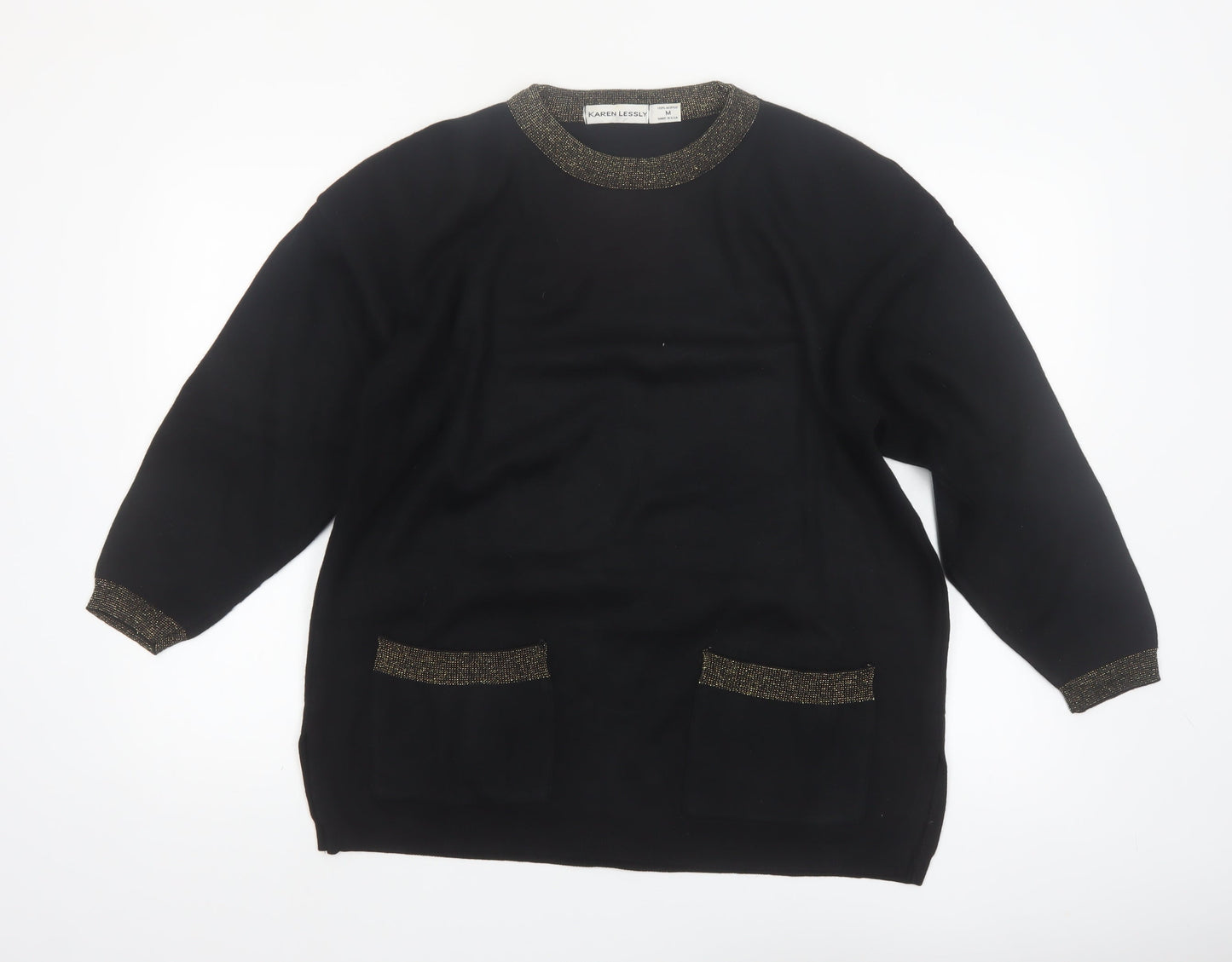 Karen Lessly Womens Black Gold Trim Acrylic Knit Pullover Jumper M