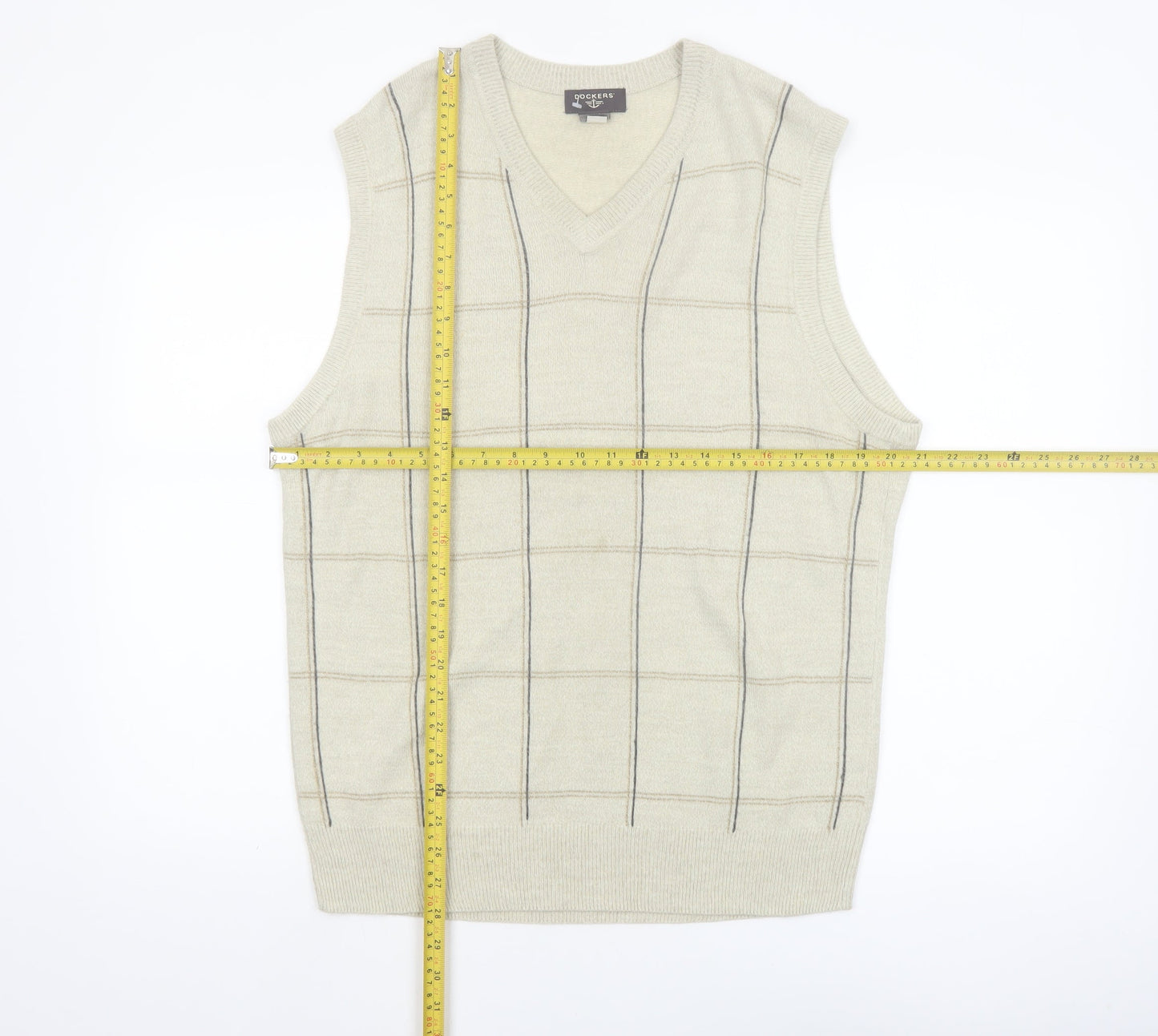 Dockers Men Beige Check Knit Acrylic Sleeveless V-Neck Vest M