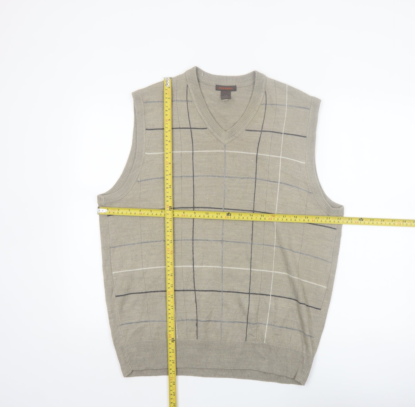 Dockers Mens Beige Check Knit Acrylic V-Neck Jumper Vest L