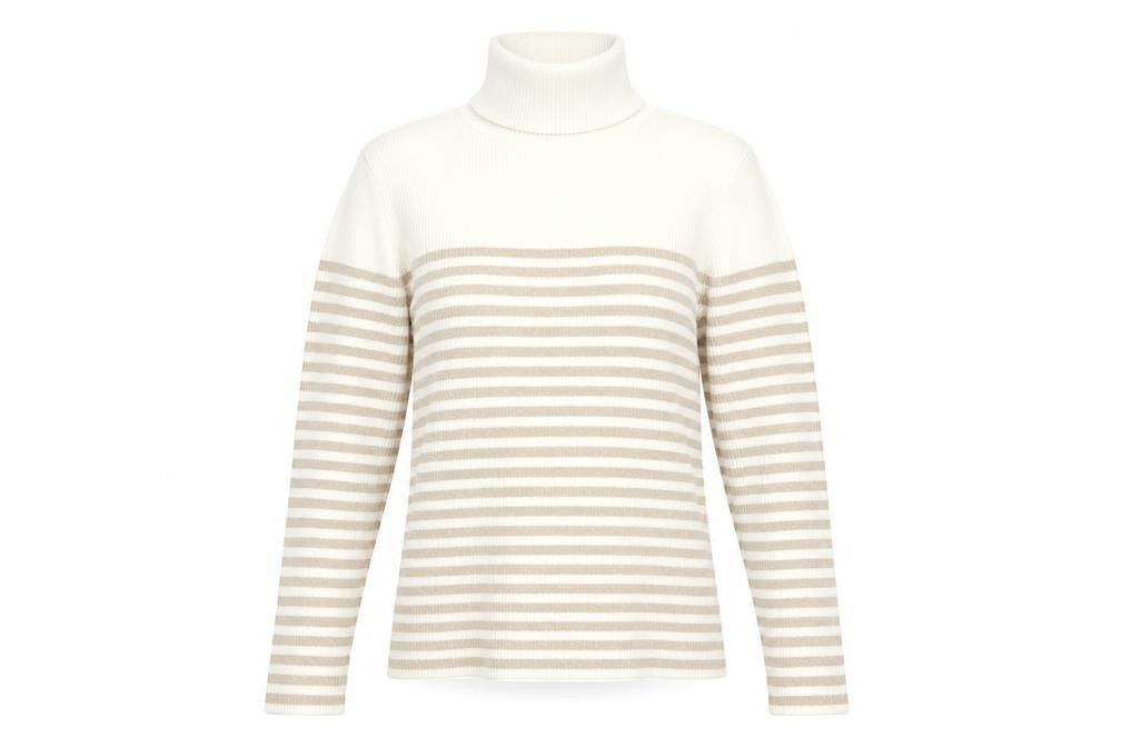 Liz Claiborne Women Beige Striped Roll Neck Jumper M Cotton Blend