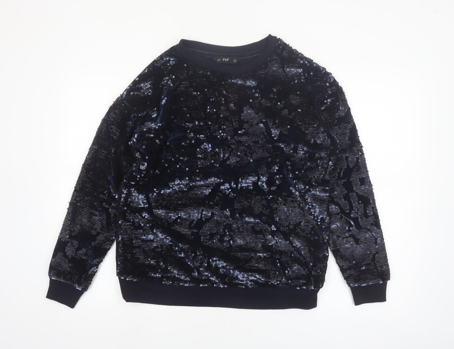 F&F Women’s Navy Sequin Pullover Sweatshirt UK 12 Velvet Party Style