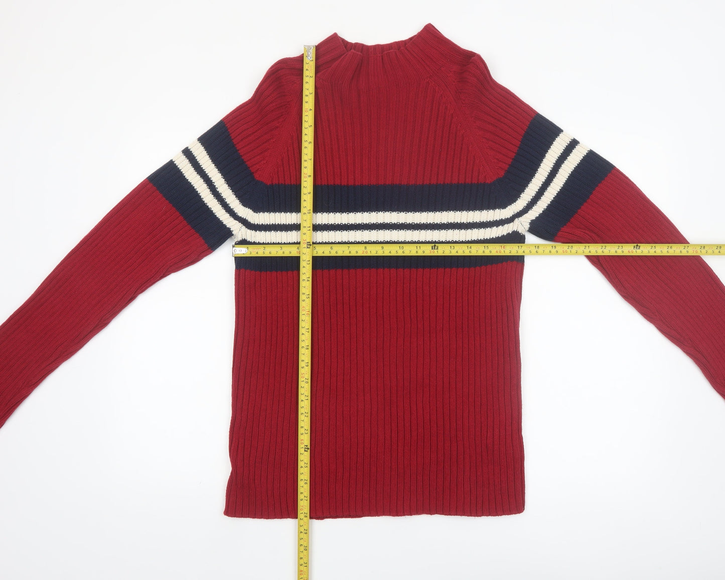 St. John's Bay Men's Red Cotton Ribbed Striped Mock Neck Jumper M