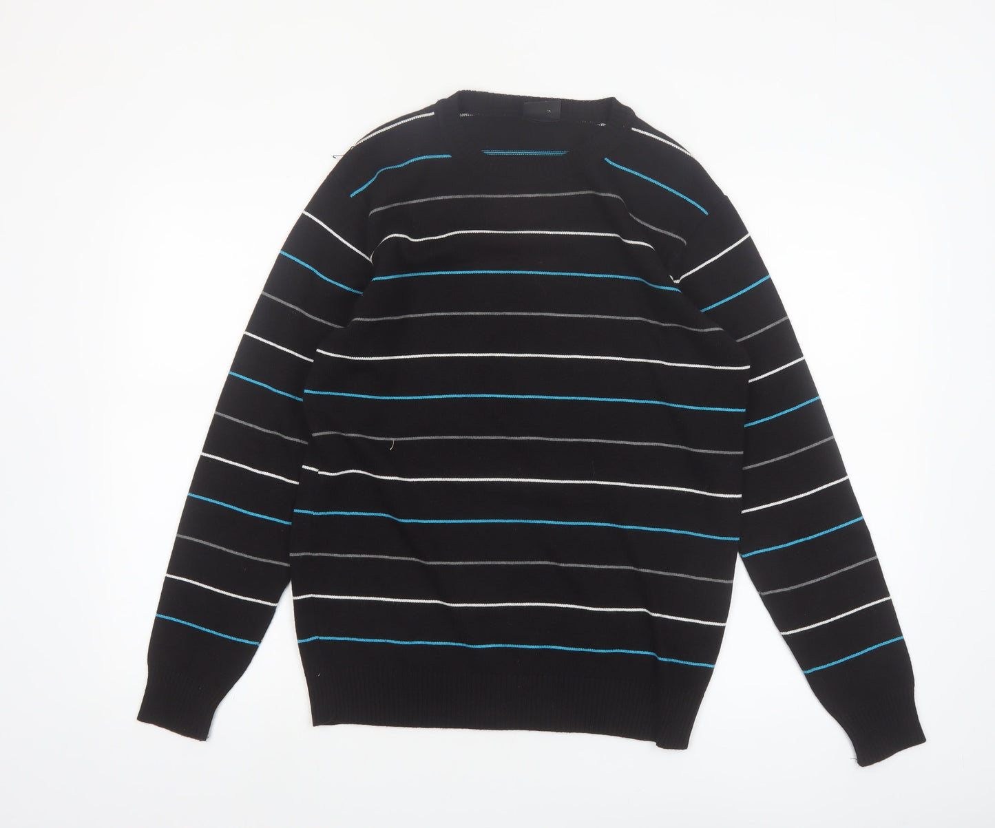 Enzo Fontana Men’s Black Striped Cotton Blend Crew Neck Jumper L
