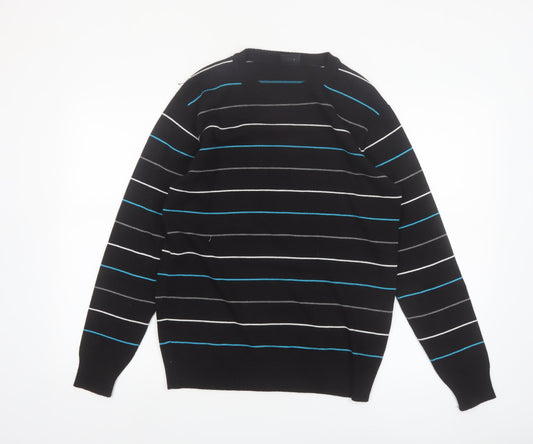 Enzo Fontana Men’s Black Striped Cotton Blend Crew Neck Jumper L