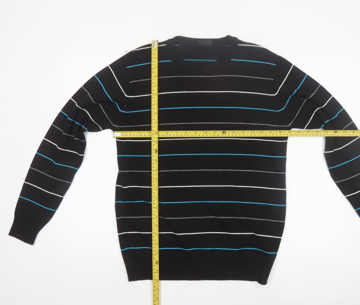 Enzo Fontana Men’s Black Striped Cotton Blend Crew Neck Jumper L
