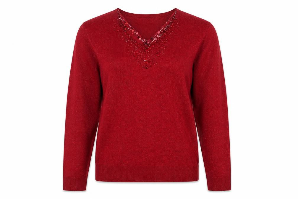 Tradition Women's Red Beaded V-Neck Pullover Jumper Size 8