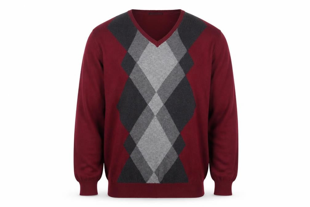 Van Heusen Studio Men's Red Argyle Cotton V-Neck Jumper XL