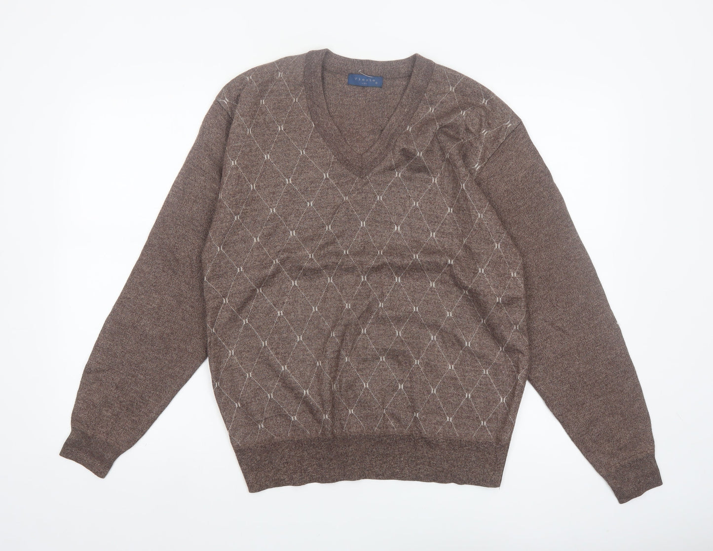 Vieste Men's Brown Argyle V-Neck Wool Blend Jumper M