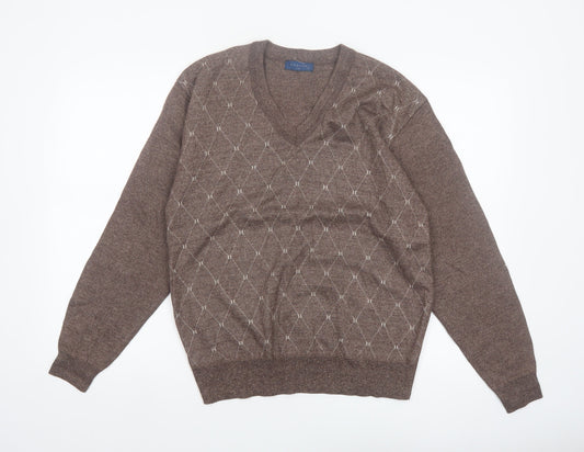 Vieste Men's Brown Argyle V-Neck Wool Blend Jumper M