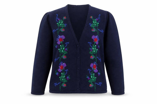 Susan Bristol Women's Blue M Hand Embroidered Wool Floral Cardigan