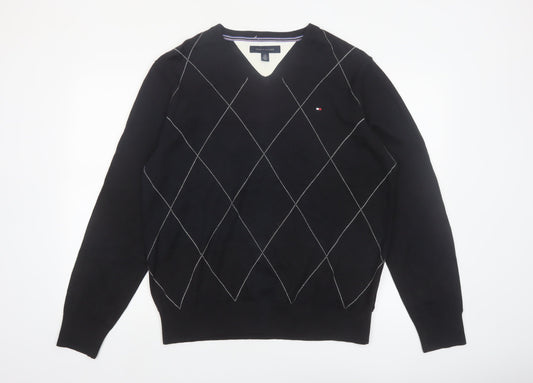 Tommy Hilfiger Men's Black Argyle V-Neck Cotton Jumper Size L