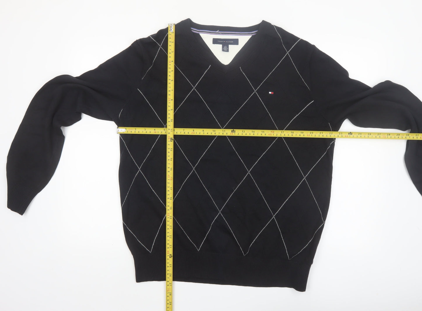 Tommy Hilfiger Men's Black Argyle V-Neck Cotton Jumper Size L