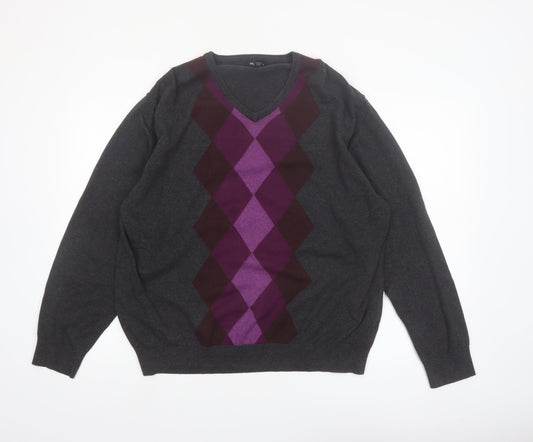 Van Heusen Men’s Grey Argyle V-Neck Cotton Jumper XL