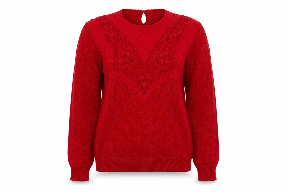 Franco Valeri Women Red XL Beaded Angora Blend Pullover Jumper