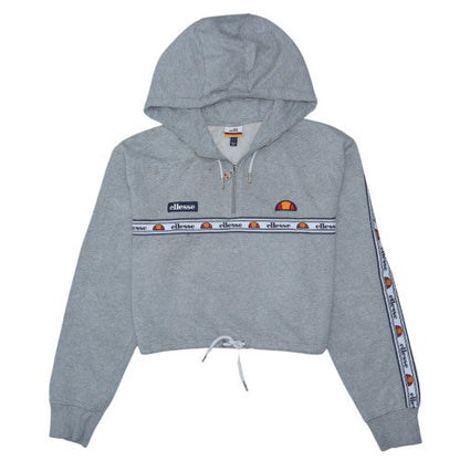 Additional front view of Ellesse Women Grey Crop Hoodie UK 14 1/4 Zip Logo Drawstring Pullover