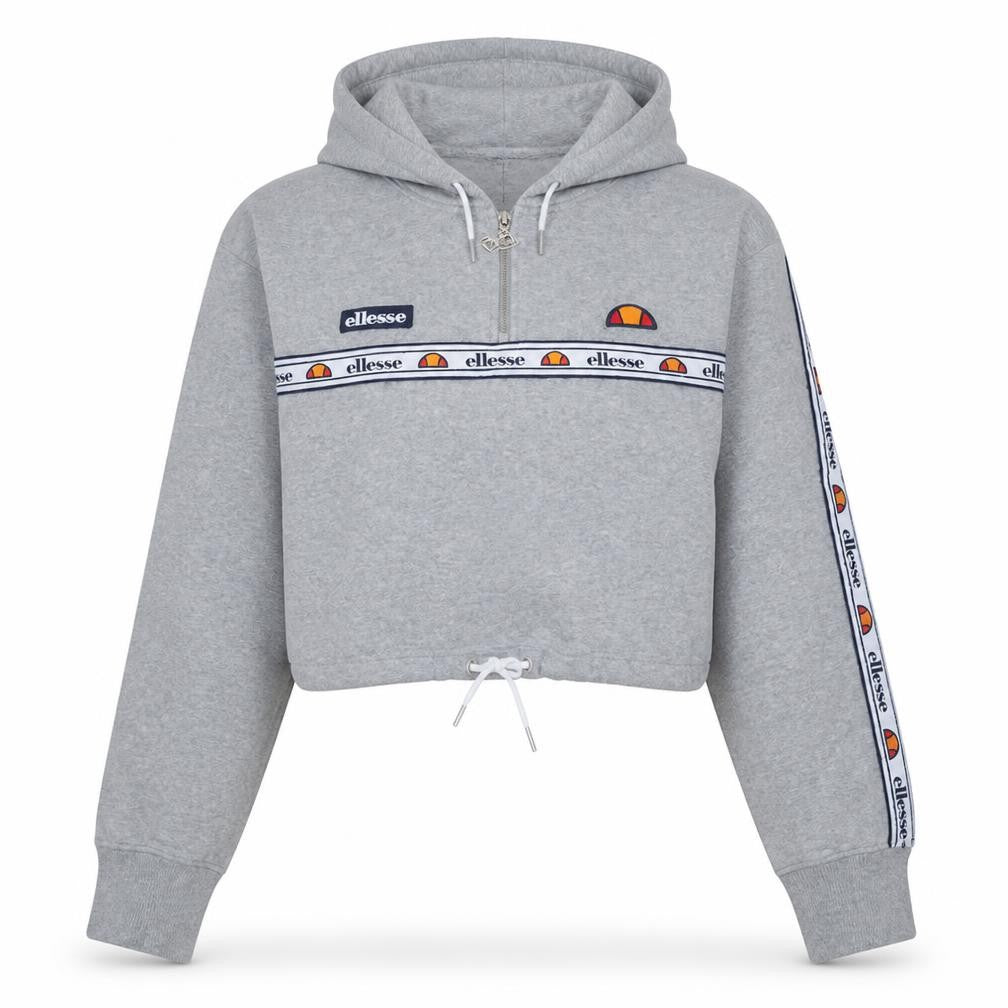 Ellesse Women Grey Crop Hoodie UK 14 1/4 Zip Logo Drawstring Pullover