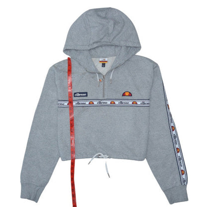 Close-up detail of Ellesse Women Grey Crop Hoodie UK 14 1/4 Zip Logo Drawstring Pullover