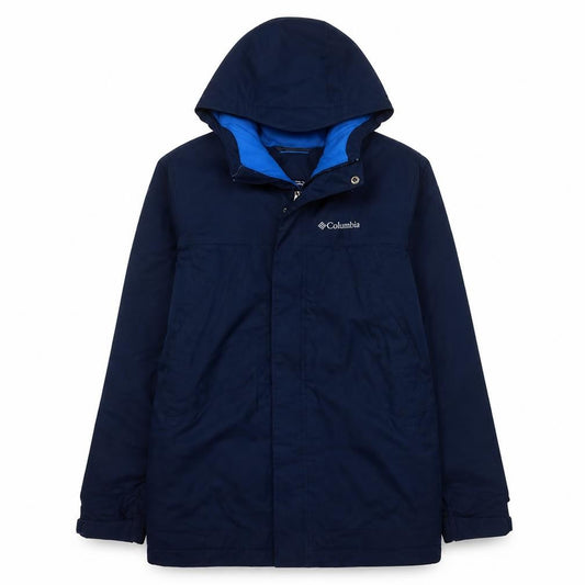 Front view of Columbia boys’ blue waterproof hooded parka coat, size M, winter jacket