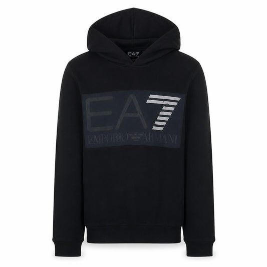 Front view of Emporio Armani EA7 Men's Black Hoodie Small Pullover Logo Cotton Blend