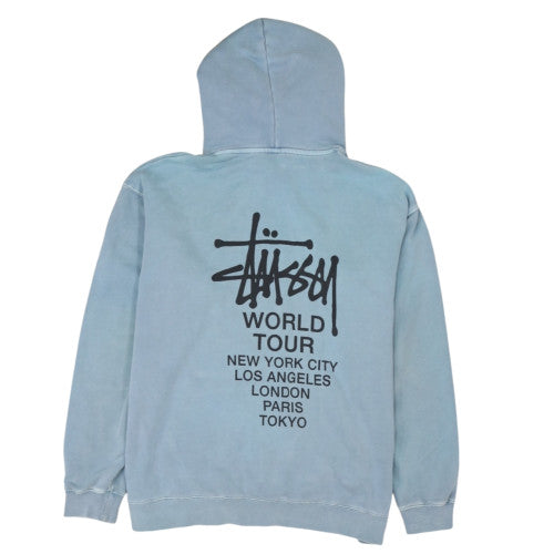 Stussy Men Blue Pullover Hoodie Medium Cotton World Tour Graphic