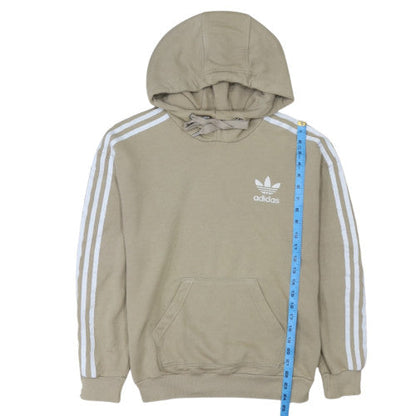 Close-up detail of Adidas women’s beige pullover hoodie, size UK 10, hooded sweatshirt