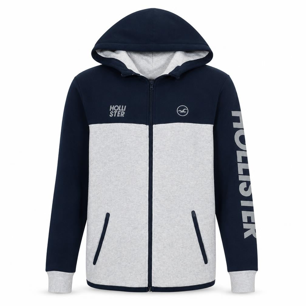 Hollister Men's Blue Grey Full Zip Hoodie L Logo Print