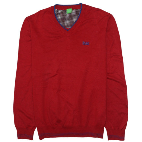 Hugo Boss Mens Red V-Neck Cotton Jumper Size L Classic Style