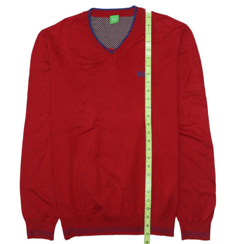Hugo Boss Mens Red V-Neck Cotton Jumper Size L Classic Style
