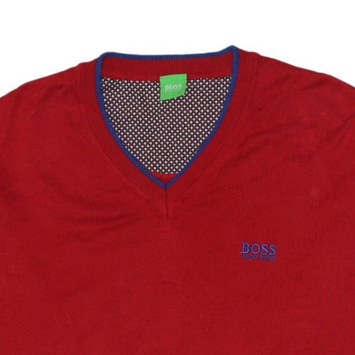 Hugo Boss Mens Red V-Neck Cotton Jumper Size L Classic Style