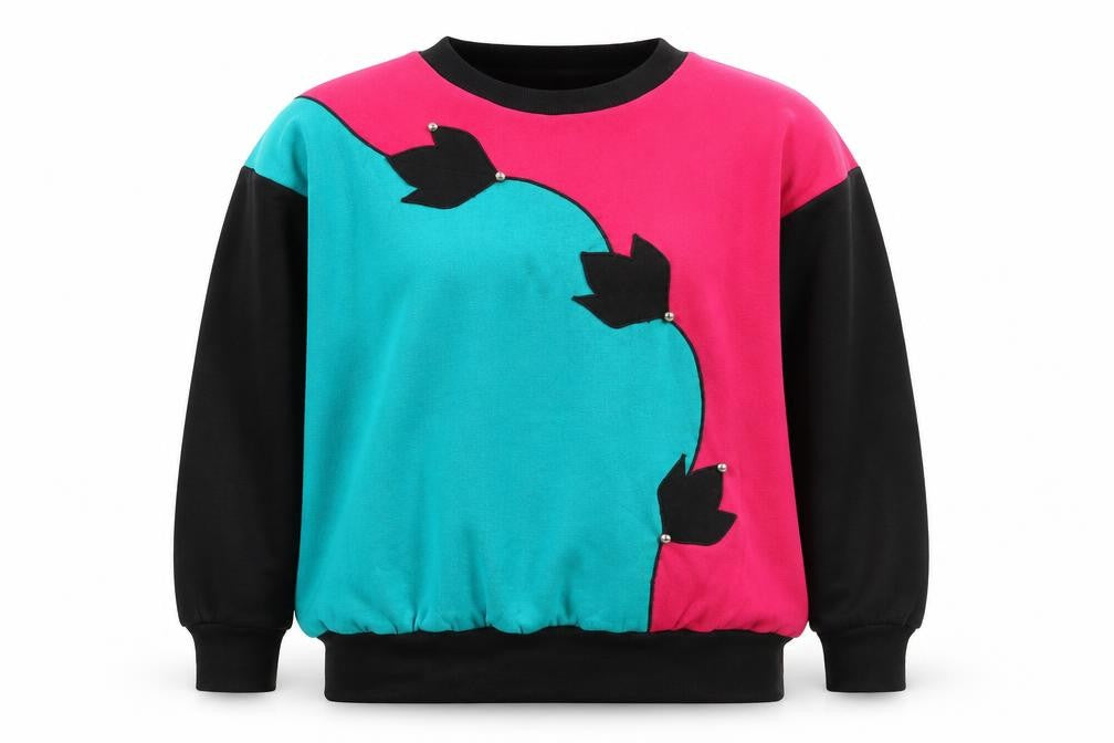 Young Stuff III Womens Black Pink Teal 80s Graphic Pullover Sweatshirt Size M