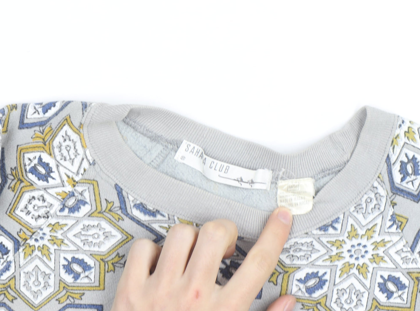 Sahaa Club Men's Grey Geometric Embroidered Pullover Sweatshirt M