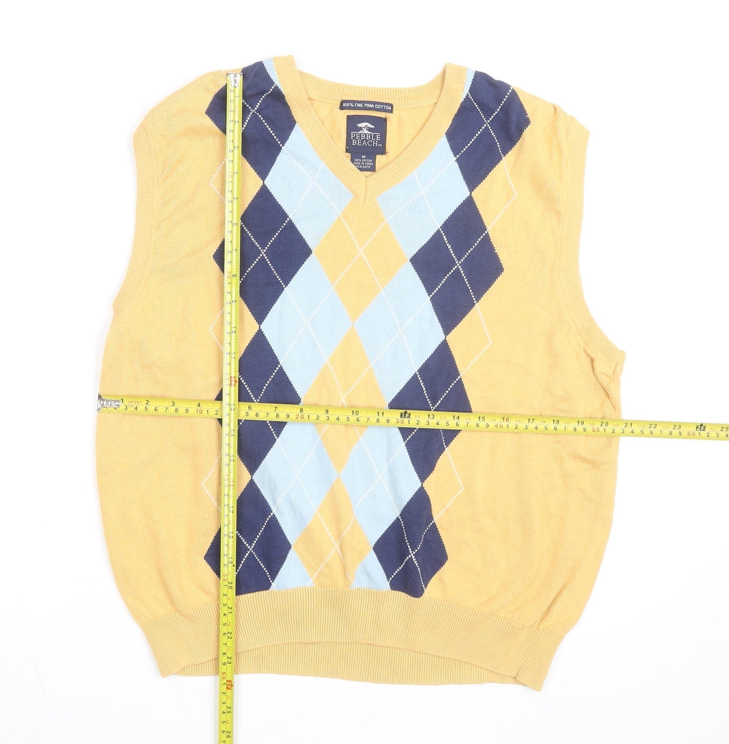 Pebble Beach Men's Yellow Argyle V-Neck Cotton Golf Vest M