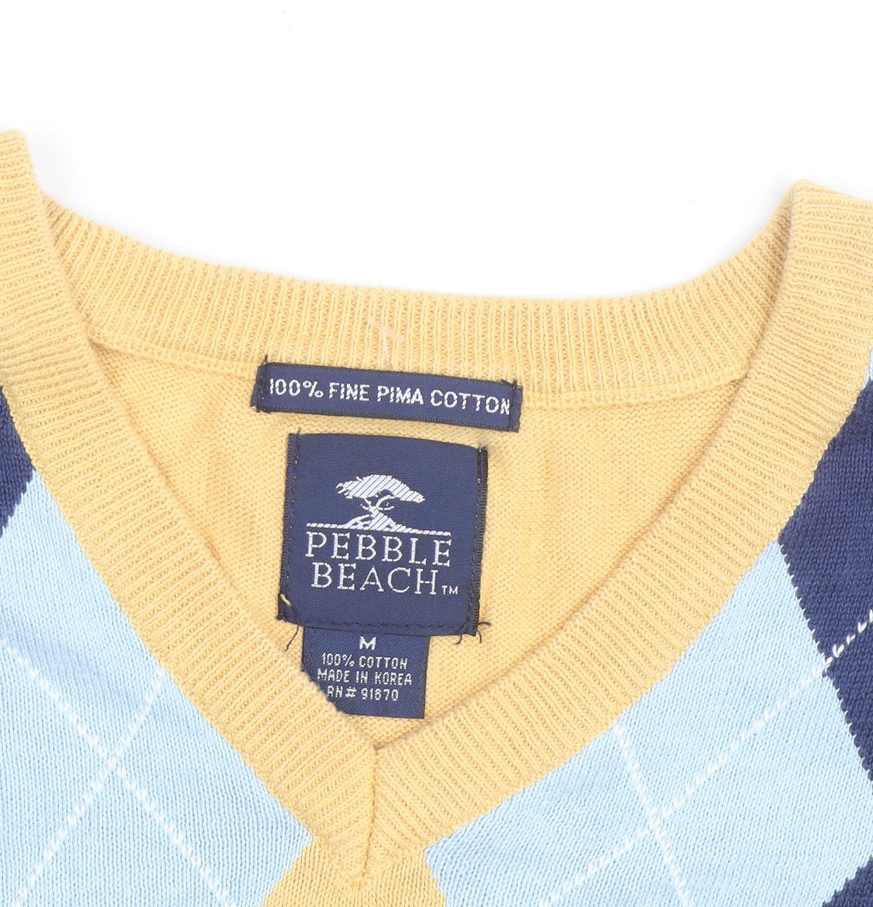Pebble Beach Men's Yellow Argyle V-Neck Cotton Golf Vest M