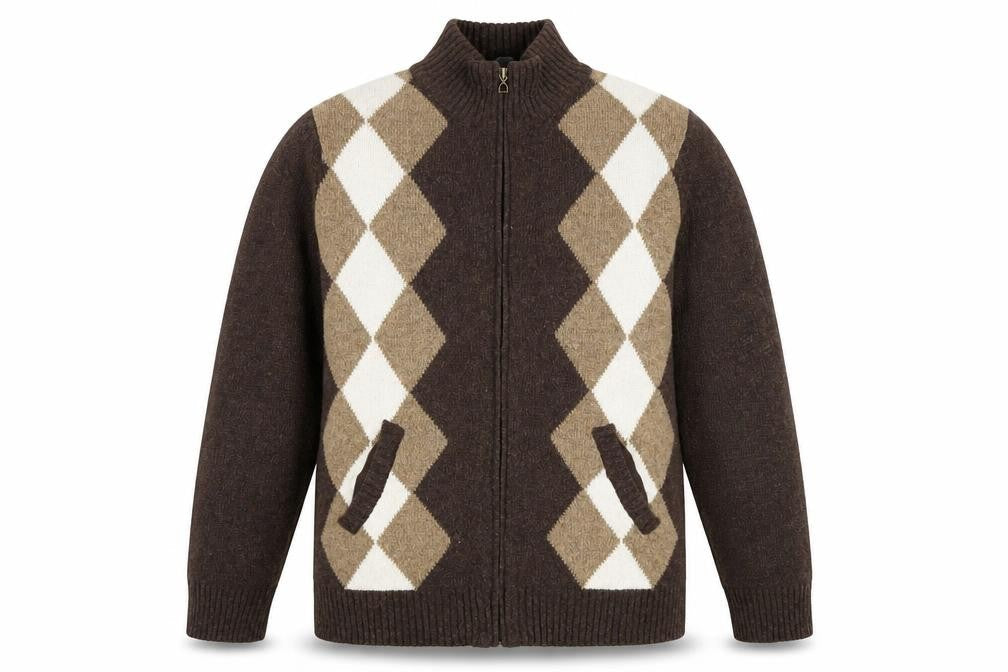 Cashew Men Brown Argyle Full Zip Wool Blend Jumper M