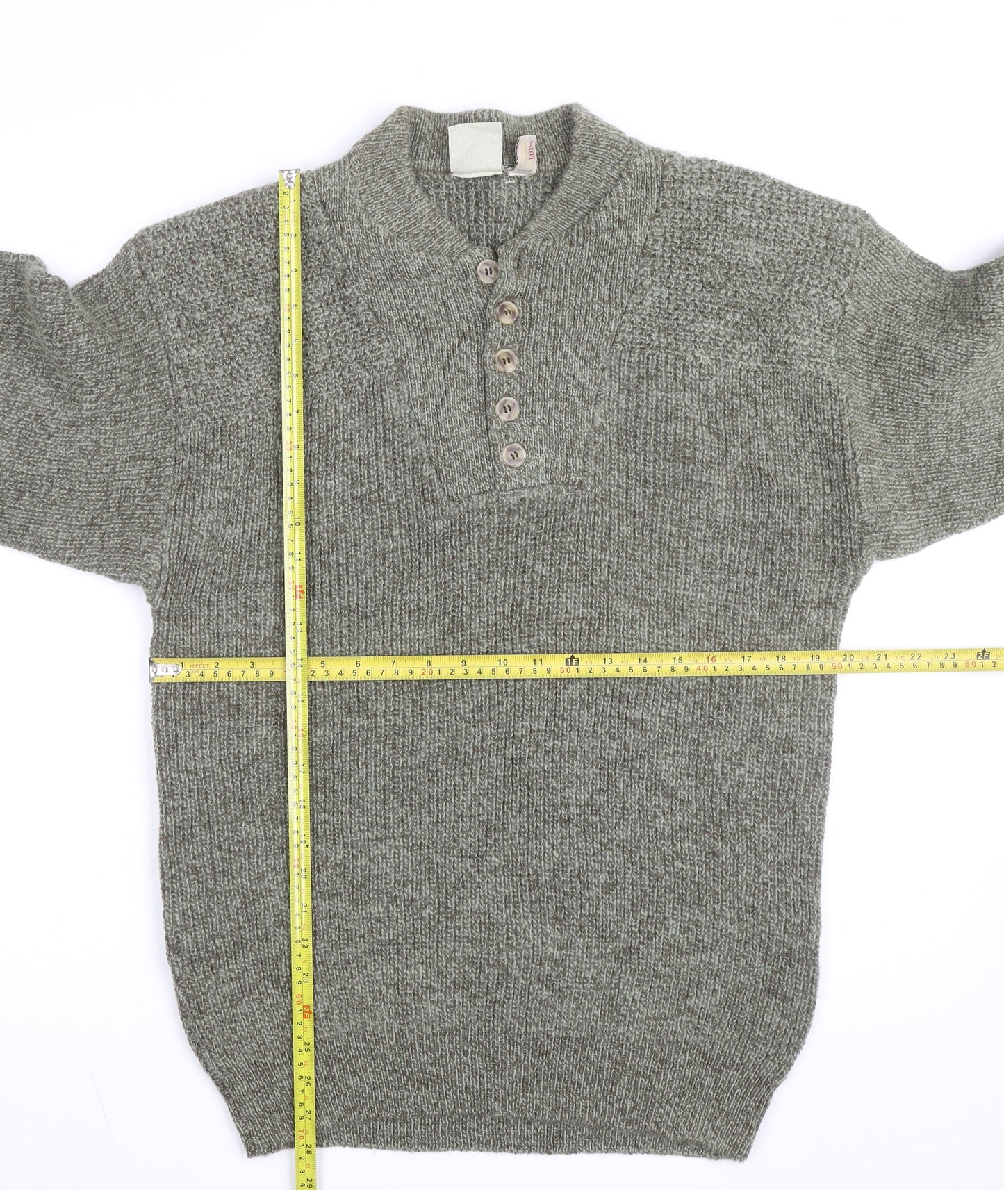 R&R Mens Grey Henley Chunky Knit Cotton Acrylic Jumper M