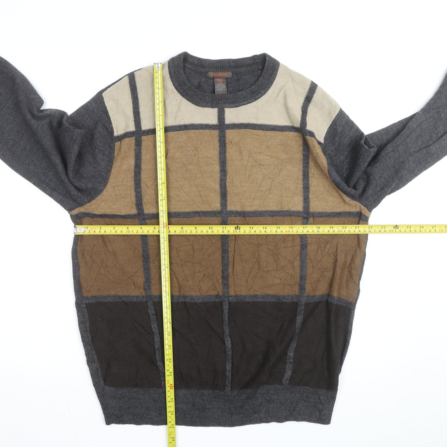 Dockers Men’s Grey Check Acrylic Knit Crew Neck Pullover Jumper Size L
