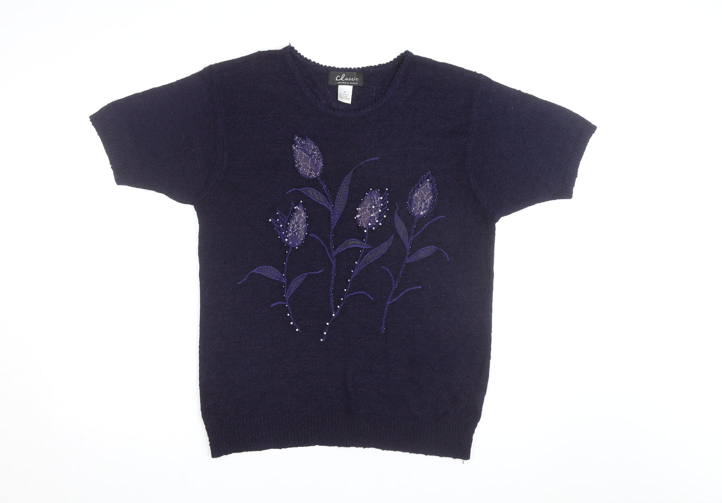 Classic Women's Blue Floral Beaded Knit Short Sleeve Pullover Jumper Size F